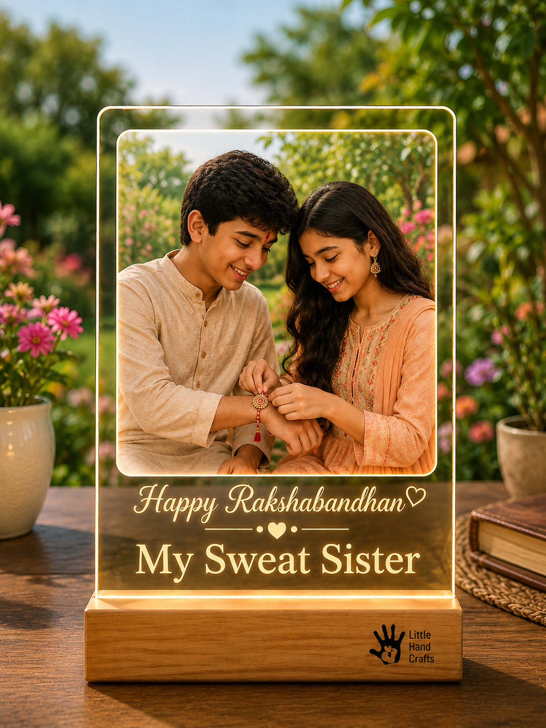 Personalized Raksha Bandhan Gift for Brother & Sister- Rechargeable Acrylic Photo Lamp with Magic ON/OFF Button