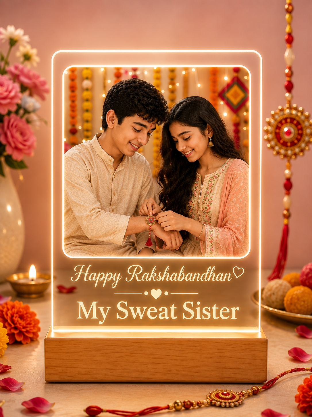 Personalized Raksha Bandhan Gift for Brother & Sister- Rechargeable Acrylic Photo Lamp with Magic ON/OFF Button