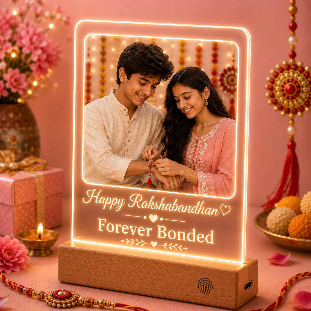 Personalized Raksha Bandhan Gift for Brother & Sister- Rechargeable Acrylic Photo Lamp with Magic ON/OFF Button