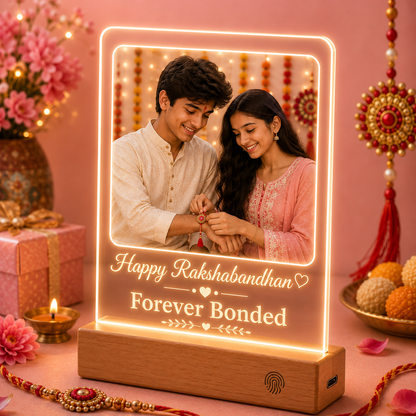 Personalized Raksha Bandhan Gift for Brother & Sister- Rechargeable Acrylic Photo Lamp with Magic ON/OFF Button