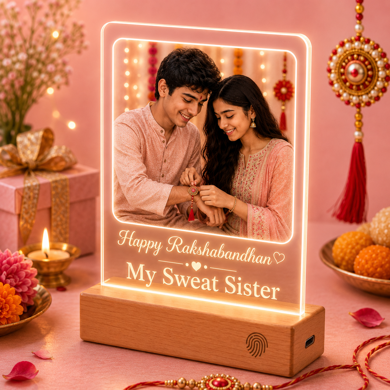 Personalized Raksha Bandhan Gift for Brother & Sister- Rechargeable Acrylic Photo Lamp with Magic ON/OFF Button